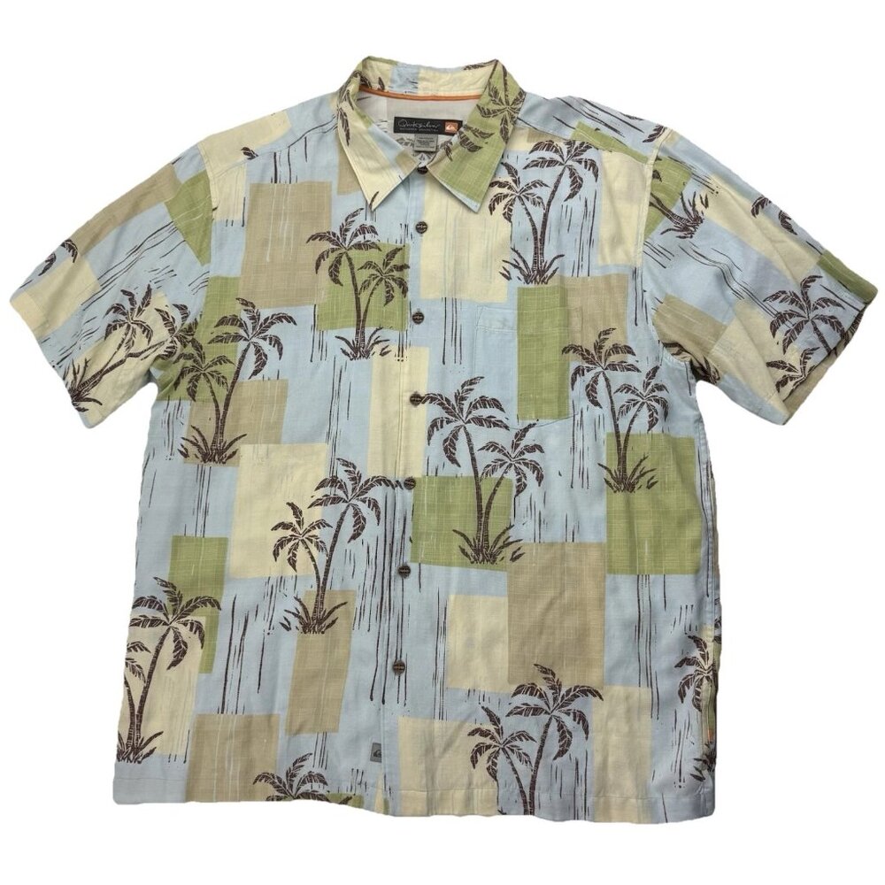 Quiksilver Waterman Mens XXL Hawaiian Shirt Palm Trees Blue Green Beige